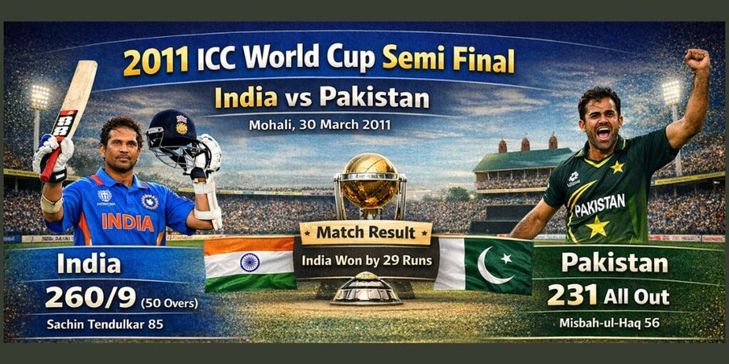 2011 Semi Final World Cup Scorecard – India vs Pakistan Match Summary, Stats and Full Scorecard
