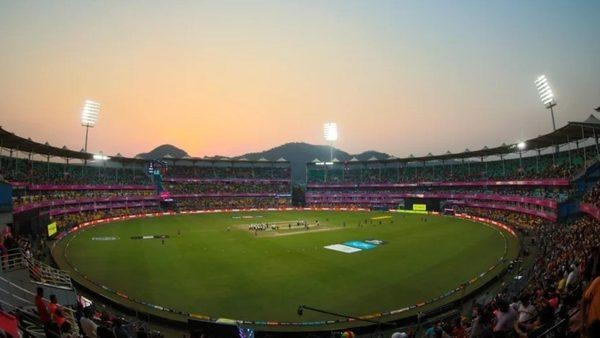 T20 cricket stadium at sunset